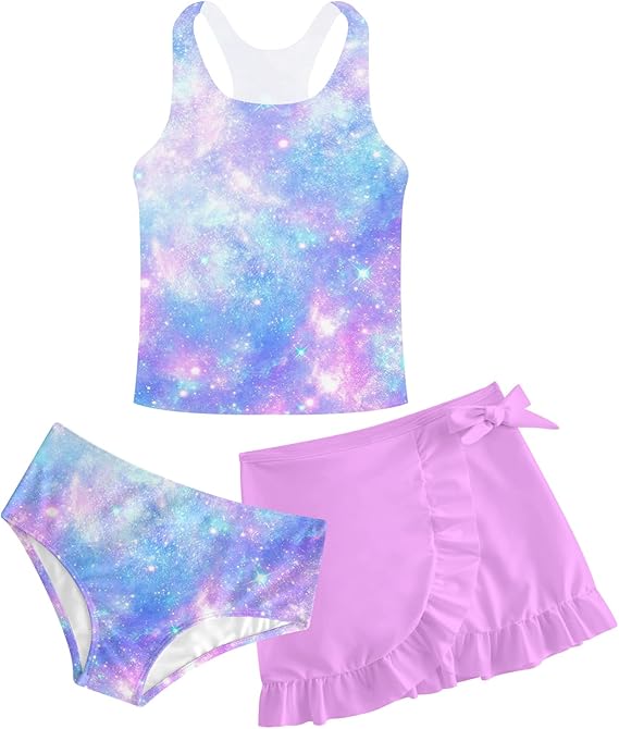 Girls Swimsuits 3 Piece Tankini Bathing Suit Set Cute Bikini Swimwear with Cover Ups Beach Skirt 5-16 Years