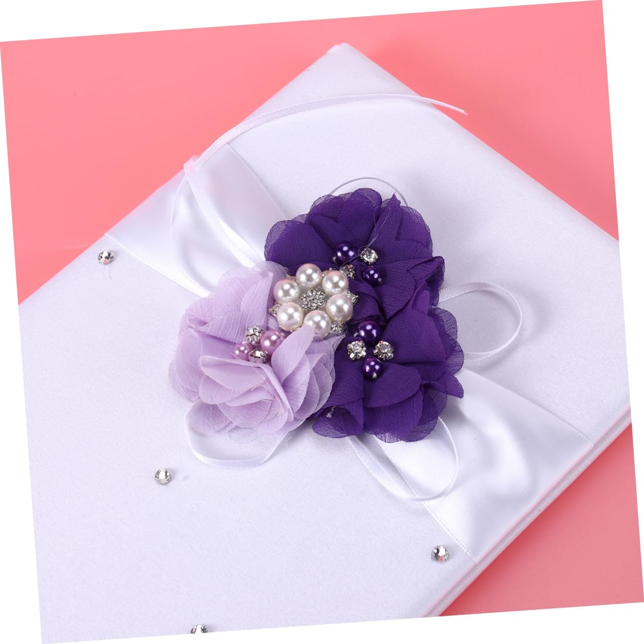 Kichvoe 4pcs Wedding Ring Pillow with Chic Pearl Flowers Flower Basket Notebook and Pen Holder for Bride Ceremony Taro Color Purple Floral Design