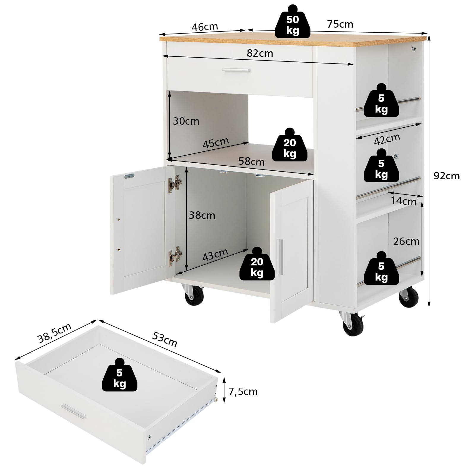 KOMFOTTEU Carro de Cocina con Ruedas, Carrito de Servicio con 3 Estantes Laterales, Armario de Puertas y Cajón, Isla de Almacenamiento con Toallero, Buffet de Comedor, 82 x 46 x 92 cm (Blanco)