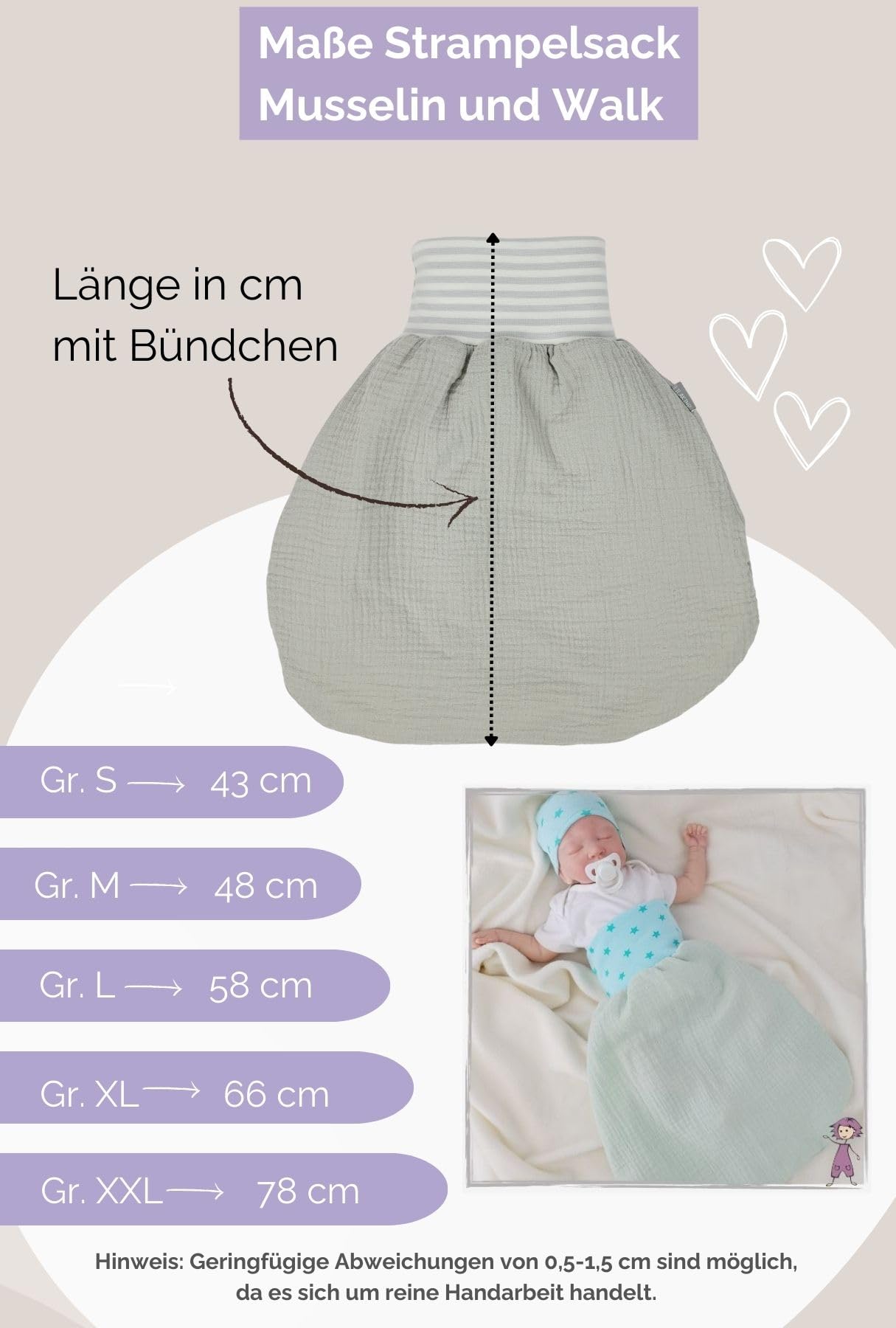 Lilakind“ Baby Musselin Strampelsack | Kleinkind Musselin Schlafsack | Made in Germany - Beere Rosa Grau Grün Petrol Waldgrün Weiß Ungefüttert Gefüttert Gr. 0-36 Monate