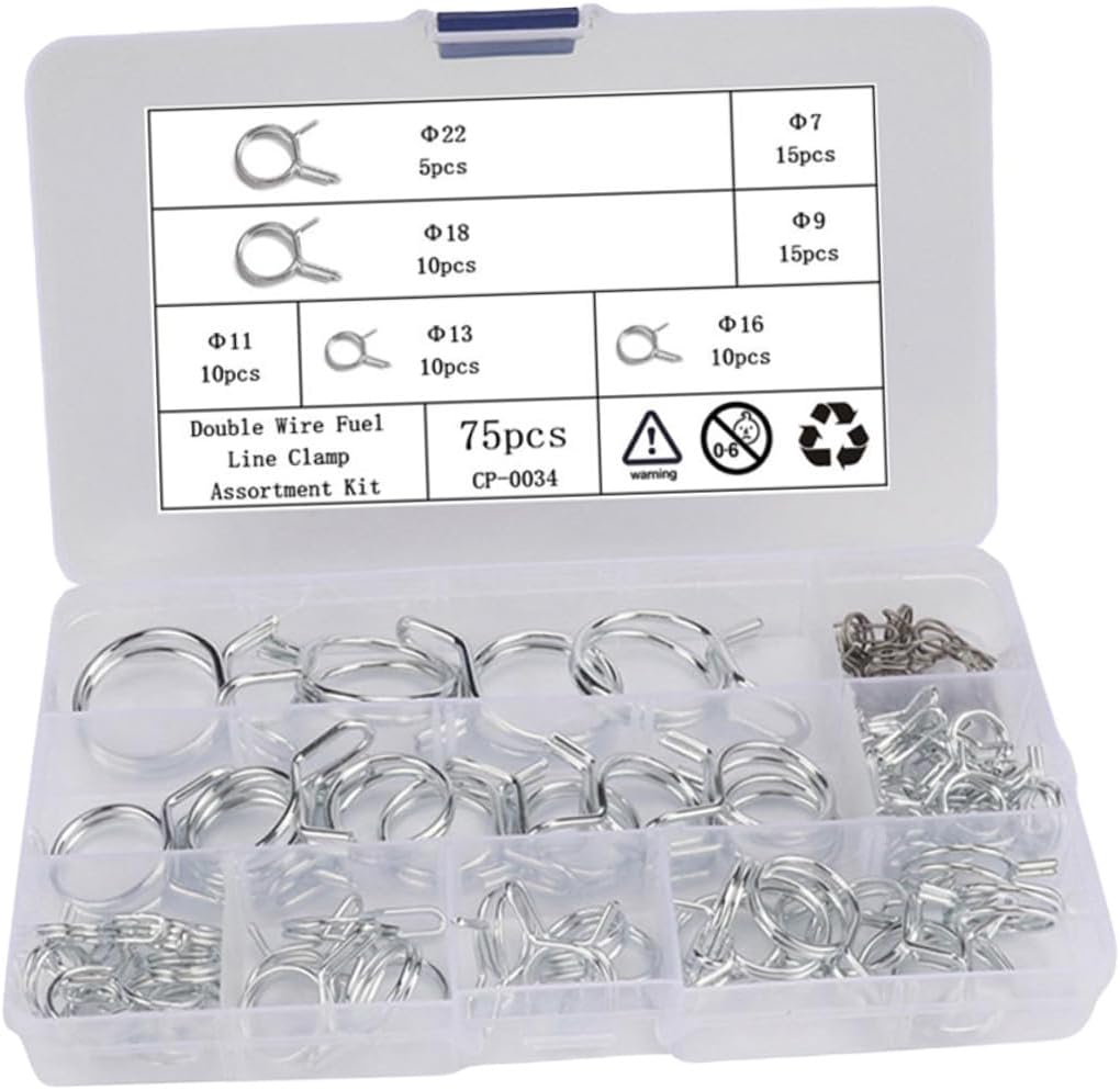 75pcs Double Wire Carbon Steel Hose Clamps Kit Φ6.7-φ23mm Tube Clamps Fasteners for Automotive Fuel Lines and Water Hoses