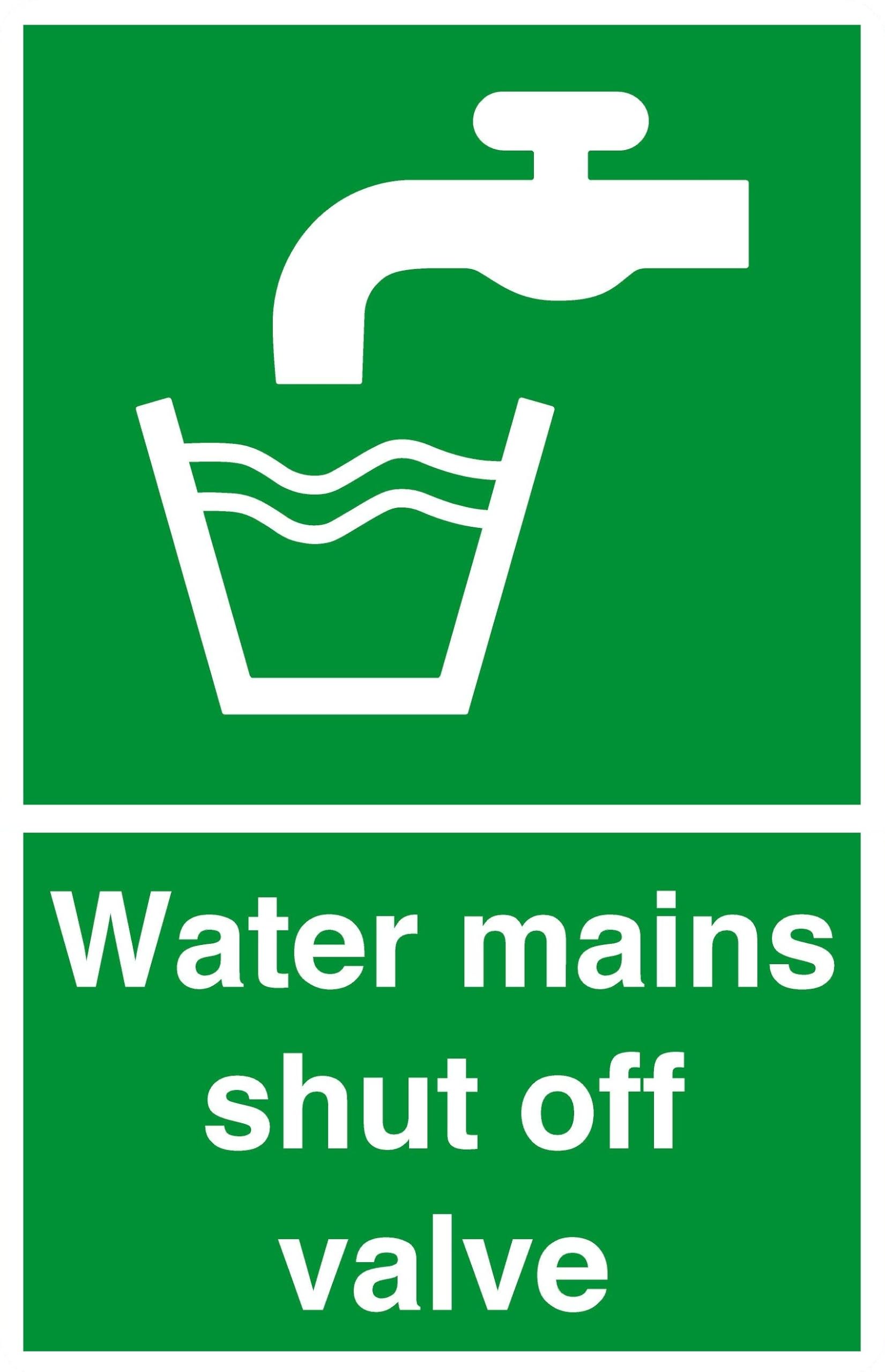 Water mains shut off valve - safety sign - High tack self-adhesive sticker (300mm x 200mm) Viewing Distance within 7m.