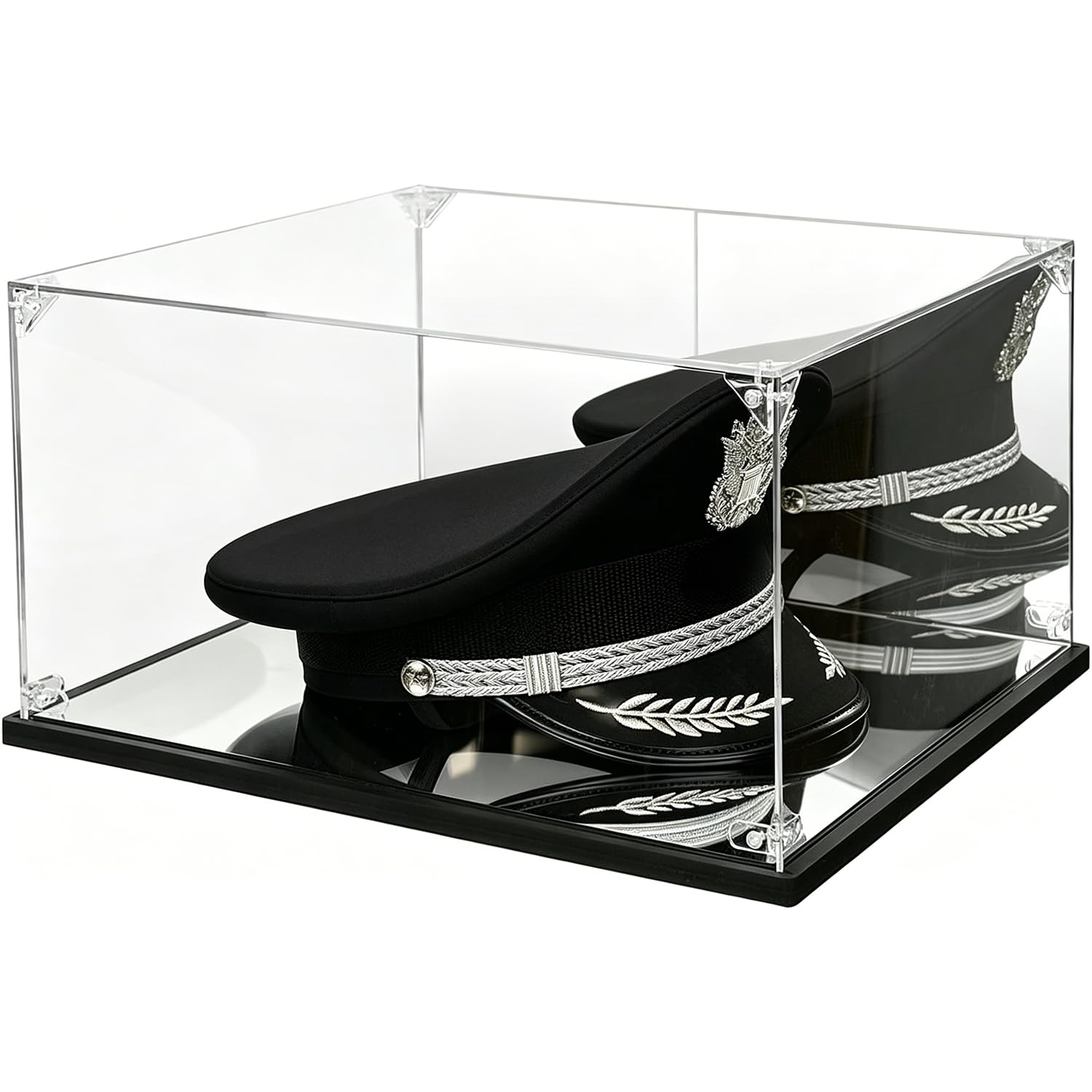 Military Hat Display Case with Mirrored Back, Acrylic Display Box for Police Hats, Military Police Hats, Medals and Badges, Dustproof Shadow Box for Memorabilia and Veteran Retirement Gifts