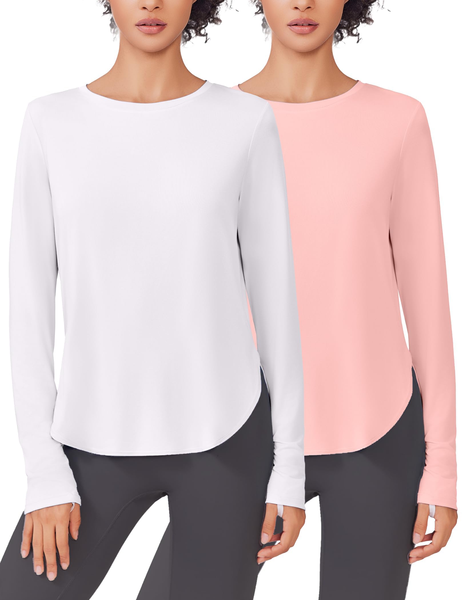 PINSPARK 2 Pack Long Sleeve Workout Tops for Women UV Protection Soft Workout Tops Lightweight Athletic Running Hiking Shirt