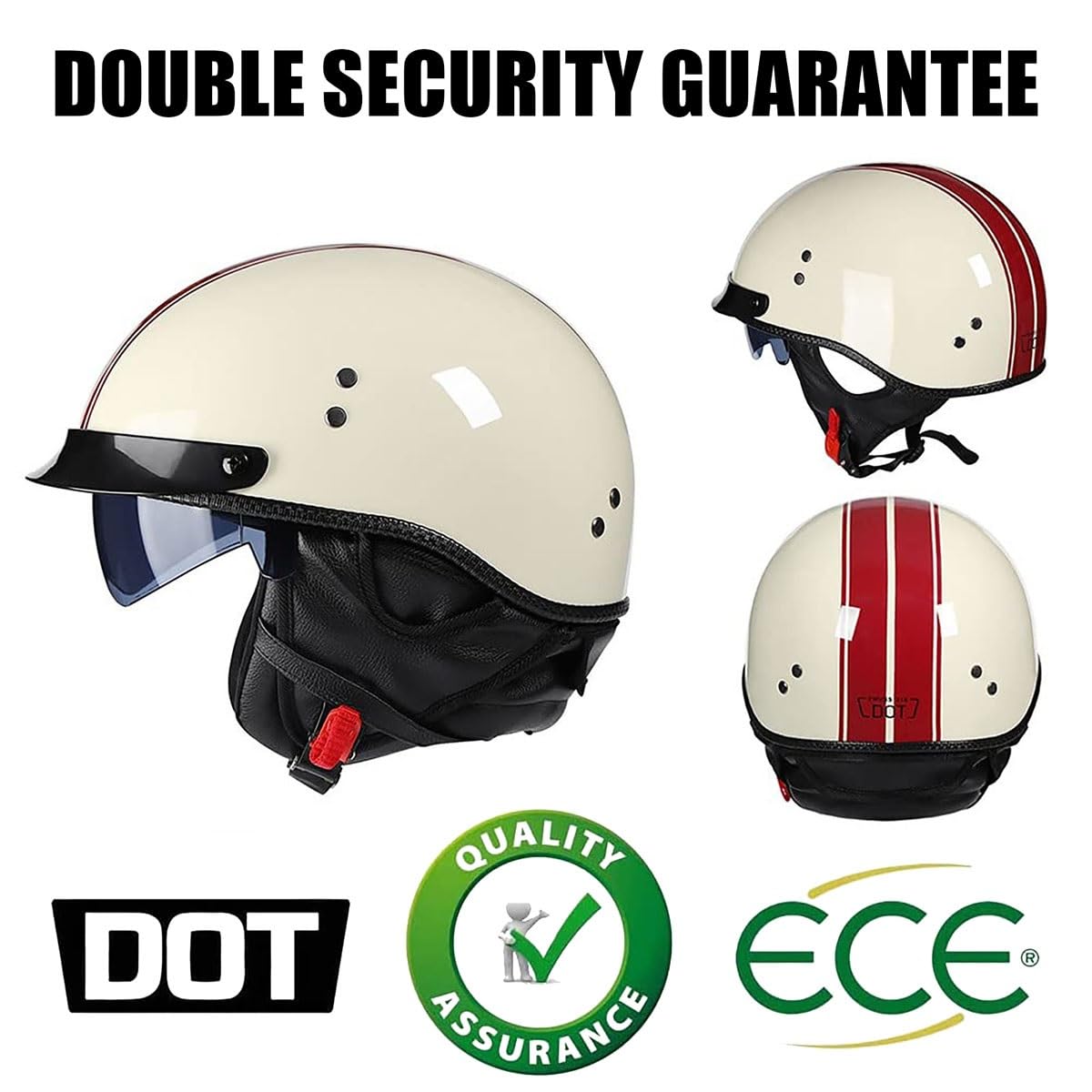 EBAYIN Casque Bol Homologué Casque Moto Vintage Casque Jet Retro Homme Femme Casque De Scooter Casque De Cyclomoteur Visière Intégrée Homologué ECE(E,L=(59~60cm))