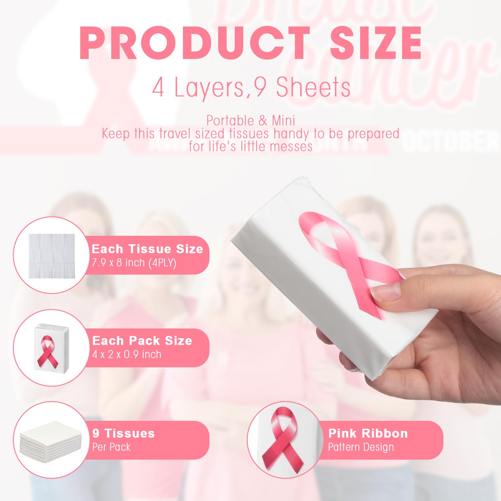 Tenceur 50 Pcs Breast Cancer Awareness Tissue Paper Pink Ribbon Pocket Tissue Mini Facial Tissue Bulk 4 Ply Pocket Tissue White Facial Travel Tissue Pack for Cancer Survivor Gift Women(White)