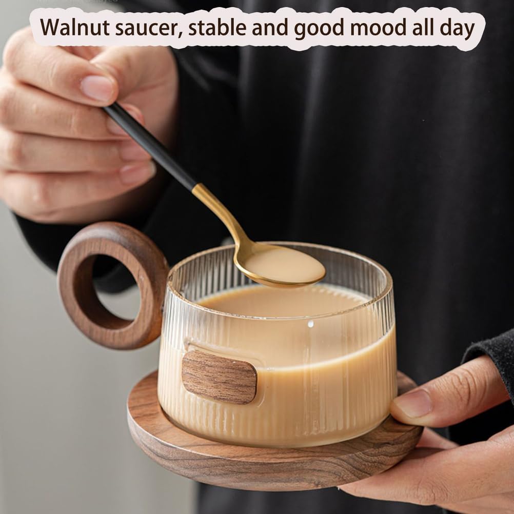 Dxcaicc Glass Coffee Cup 9 Oz Set, 250Ml Tea Cup with Handle, Clear Juice Cup with Wooden Saucer, Heat-Resistant Water Cup Set with Spoon,A