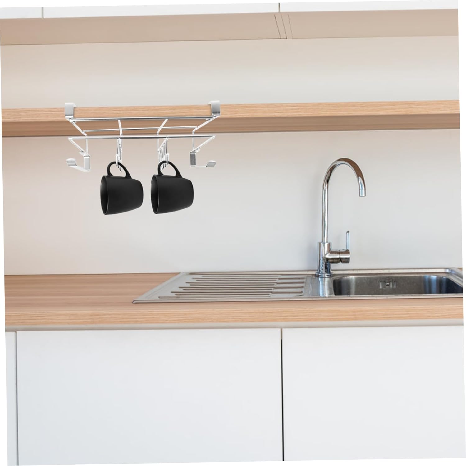 Luxshiny Under Shelf Mug Holder No Drilling Kitchen Organizer Rack for Utensils Multi Use Cutlery Storage Punch Design for Cabinets Space Saving Home Supply