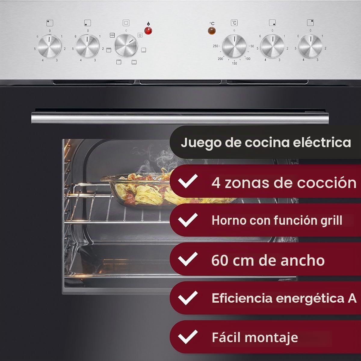 Horno Bomann con placa vitrocerámica - 50 °C - 250 °C - Grill y calor superior/inferior - 4 zonas de cocción - Placa de 60 cm - Horno empotrable de 61 L - Conjunto - Puerta de cristal triple