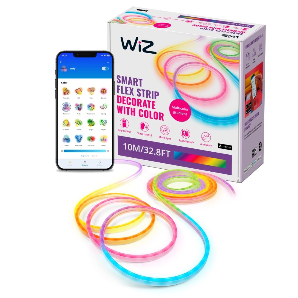 WiZ Connected Neon Smart Flex Strip, 32.8 ft (Two 16.4ft Flex LED Strips), 16 Million Colors, Shades of White, RGBIC Lighting, Connects to Wi-Fi, Voice/App Control
