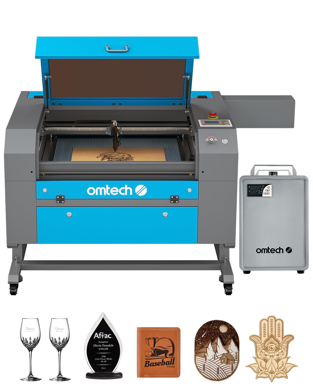 OMTech 100W CO2 Laser Engraver with Water Chiller, 20x28 Inch Laser Engraving Cutting Etching Machine with 4 Way Pass Through Air Assist Caster Wheels, Industrial Laser Cutter for Wood Glass Acrylic