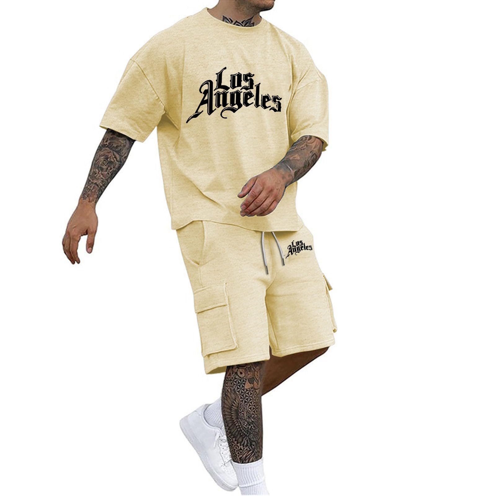 POIUIYQA Trainingsanzug Herren 2-teilig - Oversized Waffle Sommer Outfit Y2K Streetwear