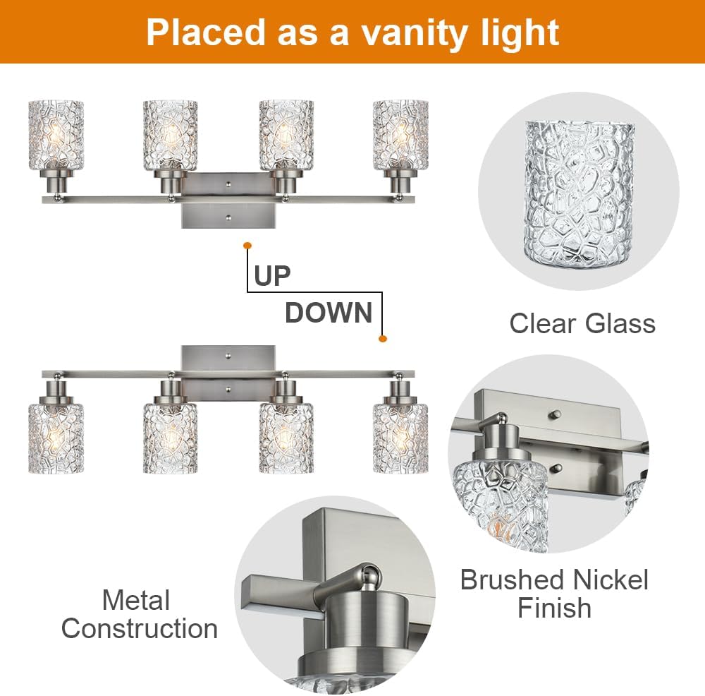 VINLUZ 4 Light Semi Flush Mount Ceiling Light with Directional Rotatable Heads, Clear Glass Shades Modern Bathroom Vanity Lighting in Brushed Nickel Finish Track Lighting Kit Spotlight