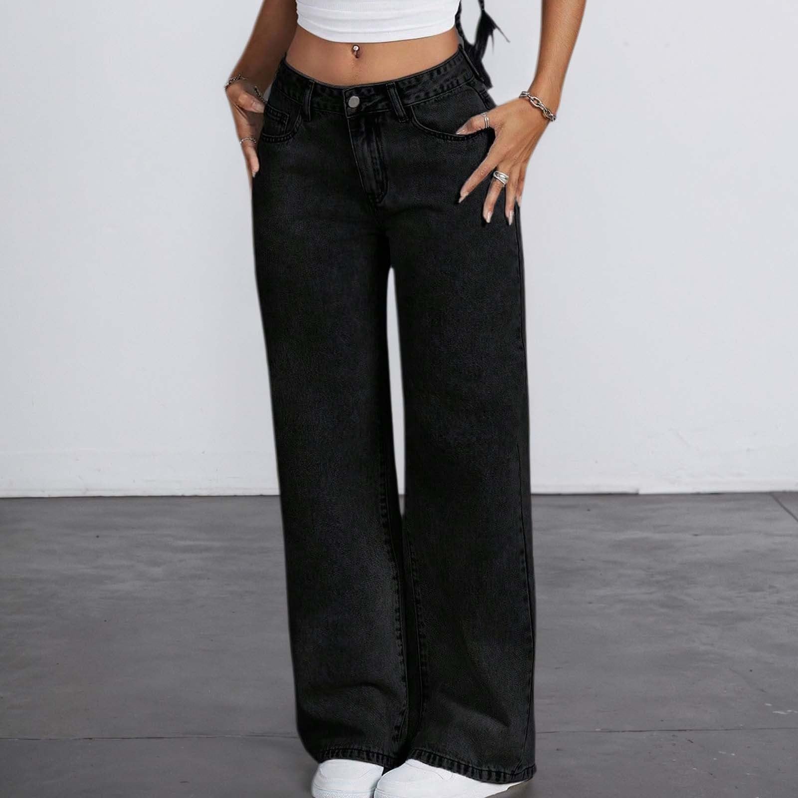 Jeans Elastico Vita-Pantaloni in Denim A Vita Alta Svasati per Ragazze Adolescenti con Tasche Posteriori Ricamate, Jeans Casual A Gamba Larga Effetto Consumato, Comodi Jeans Elasticizzati Morbidi