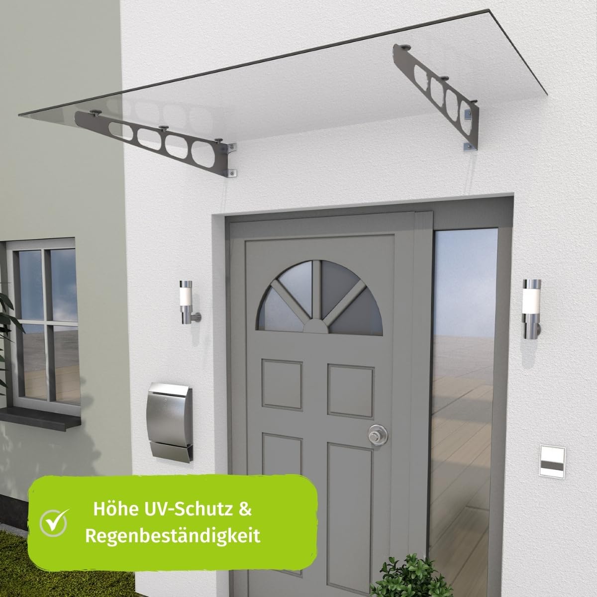 HORI stilvolles Vordach für Haustür - Sicherheitsglas mit Edelstahl Rahmen - wetterfeste Überdachung für Eingangstür - mit UV-Schutz & Regenschutz - pflegeleicht & langlebig - 140 x 90 x 16 cm