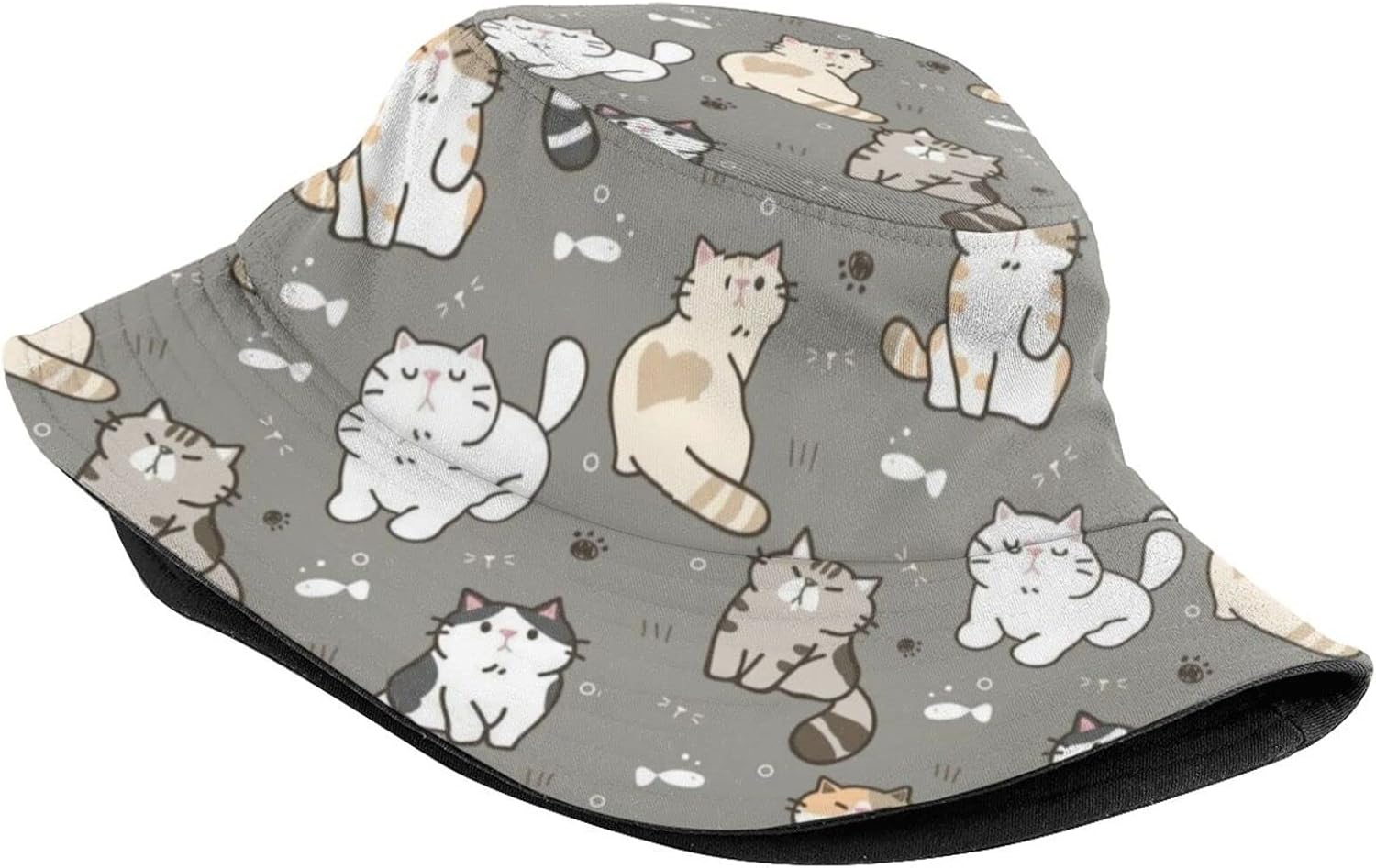 Cute Cat Bucket Hats Fashion Sun Cap Packable Outdoor Cartoon Cat Fisherman Hat for Women and Men Travel Black - Image 2