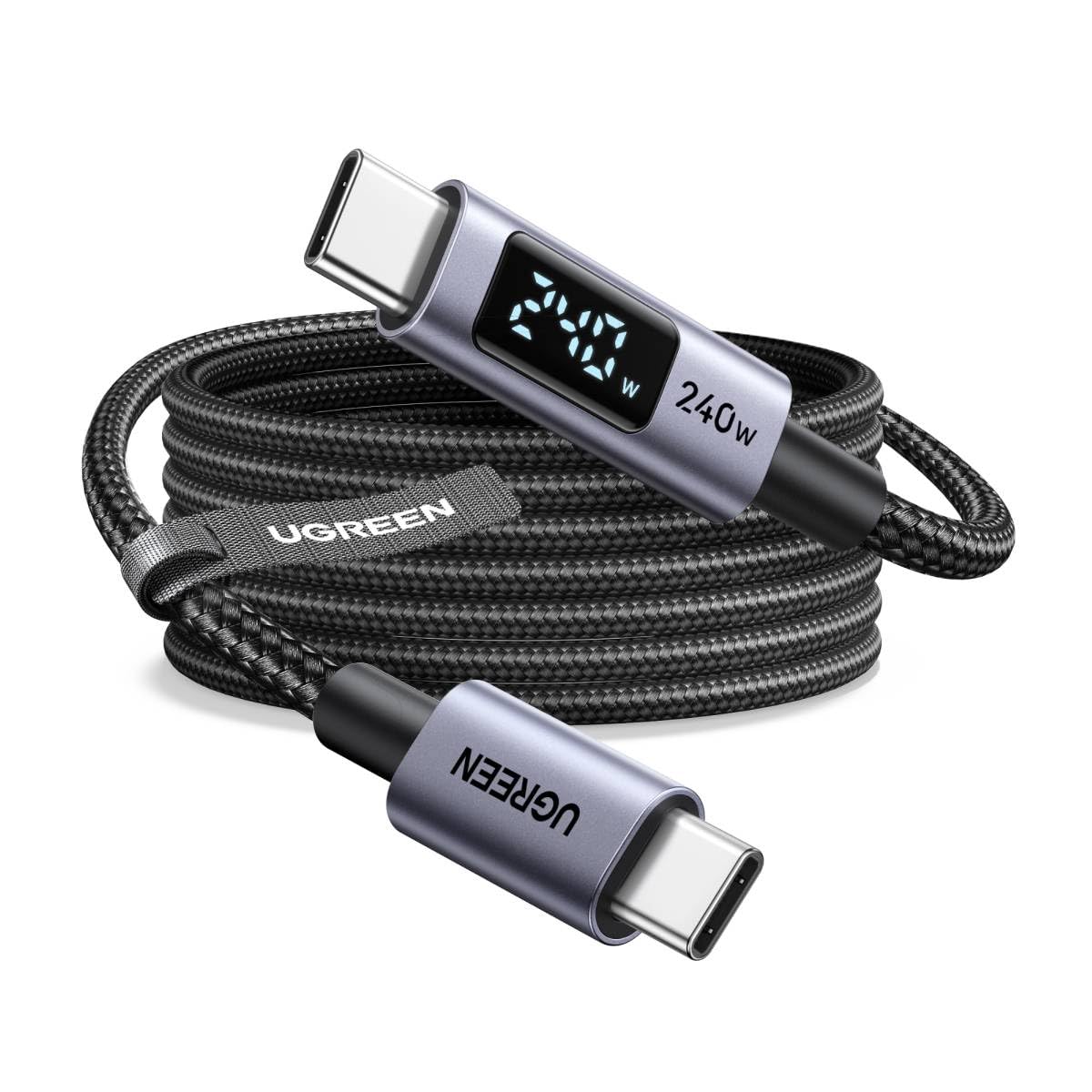 UGREEN USB-C to USB-C 240W Fast Charging Cable with Digital Display for Real-Time Power Monitoring, PD 100W Braided Data Cable for MacBook Pro/Air, iPad Pro, Dell XPS, and Gaming Laptops, 6.6FT