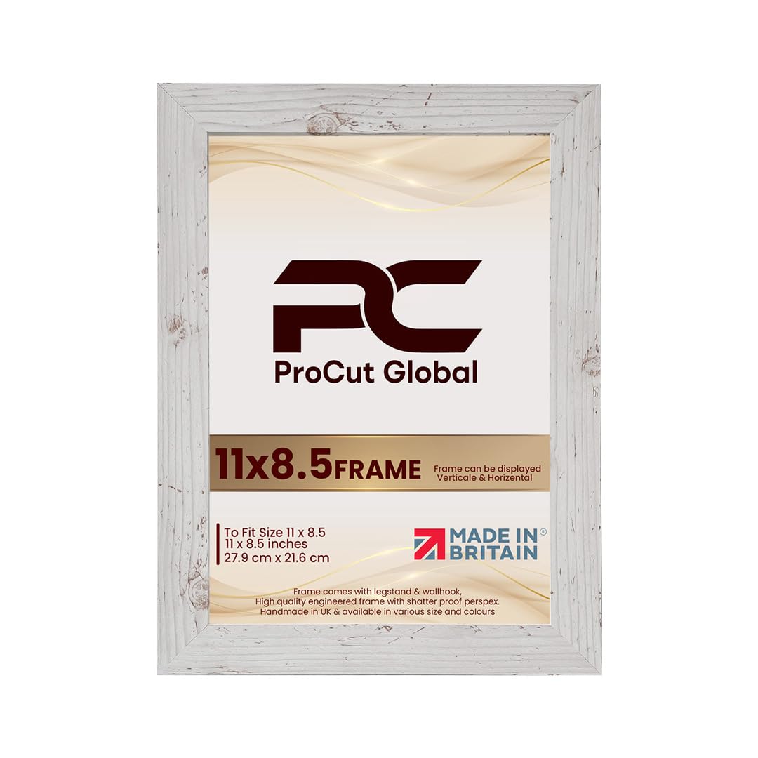 Procut Global 11X8.5 White Rustic Picture Frames - Modern Wooden Photo Frame with Shatterproof Perspex for Wall or Tabletop - Perfect for Posters, Certificates, Prints - Sizes & Colors Available