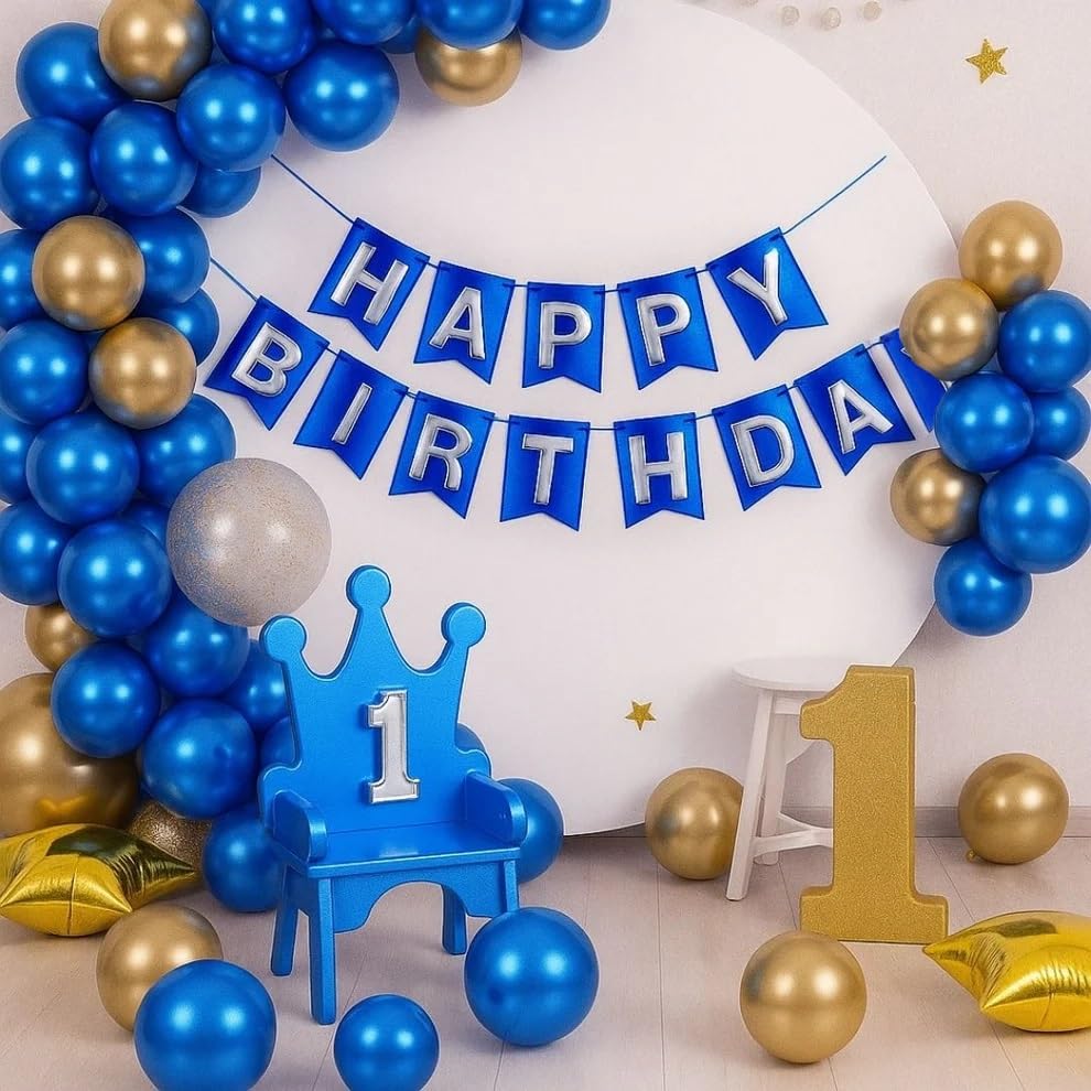 Image of Wanna Party Metallic Blue Happy Birthday Banner,Navy Blue and Silver Party Decorations Sigh for Birthday Decor,Backdrop for Birthday Decoration Items for Kids & Adults (Paper)