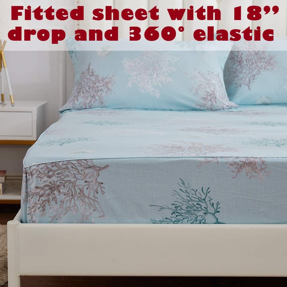 Brandream Luxury Beach Bedding Set Coastal Sheets 100% Cotton Bed Sheets Set King Size 4-Piece Deep Pockets 18 Inch Extra Deep