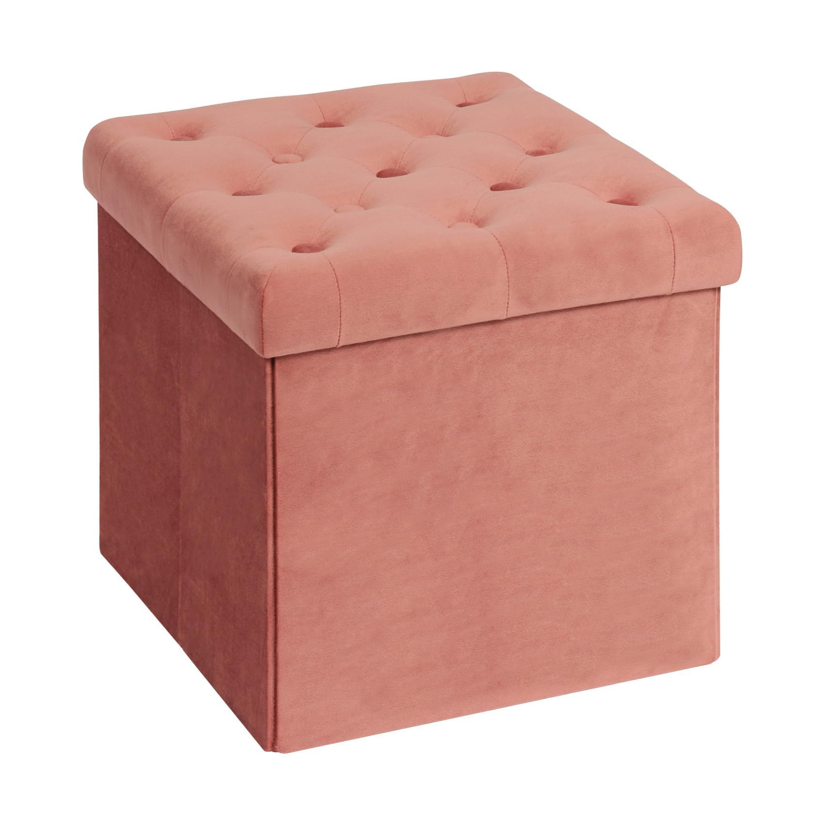 B FSOBEIIALEO Storage Ottoman Cube, Velvet Tufted Folding Ottomans with Lid, Footstool Rest Padded Seat for Bedroom (Warm Red, Medium)