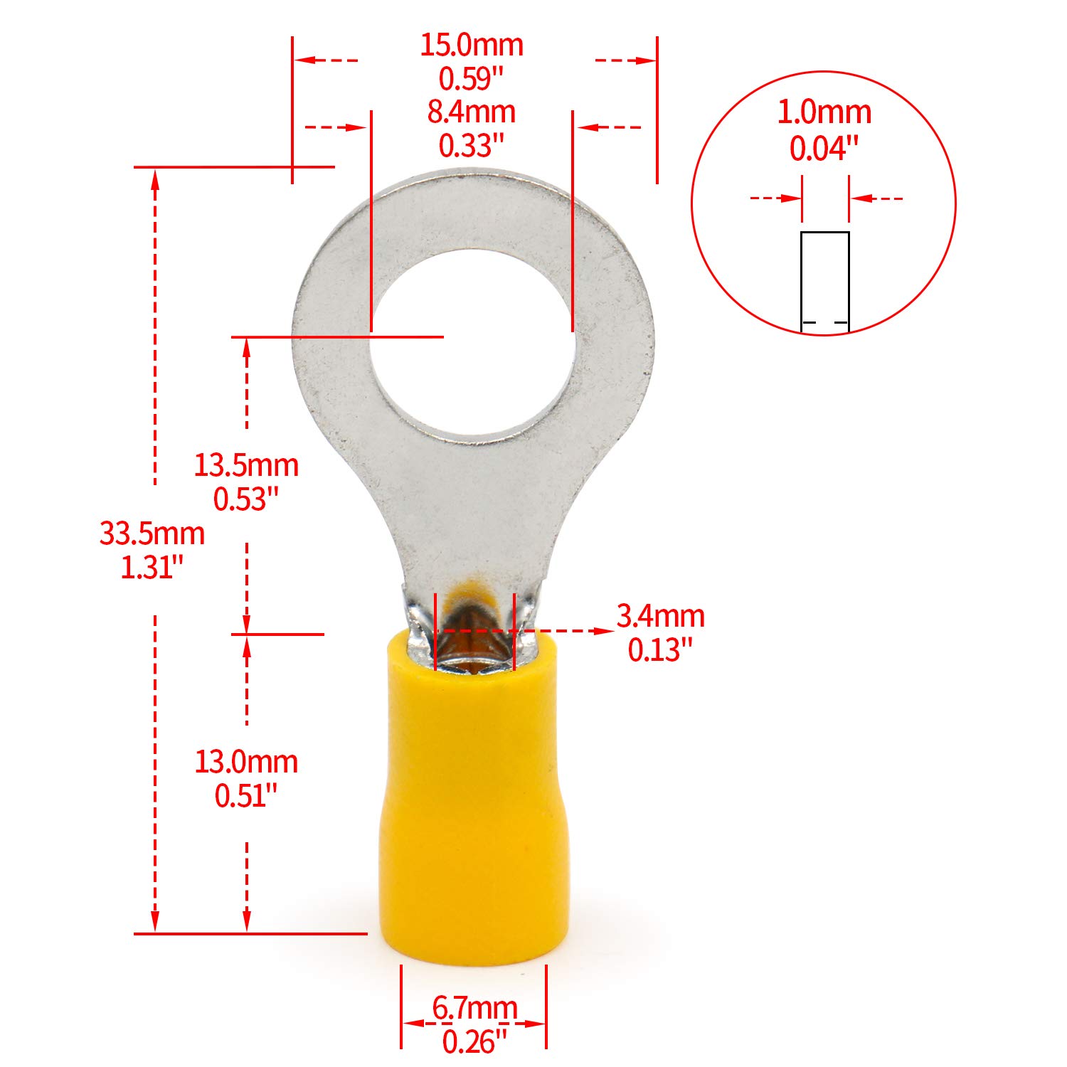 Heschen Zaciskarka pierścieniowa Złącza zaciskowe izolowane winylowe złącze elektryczne RV5,5-8 Rozmiar sztyftu 5/16" dla 4-6 mm² (12-10 AWG) Żółty 100 sztuk