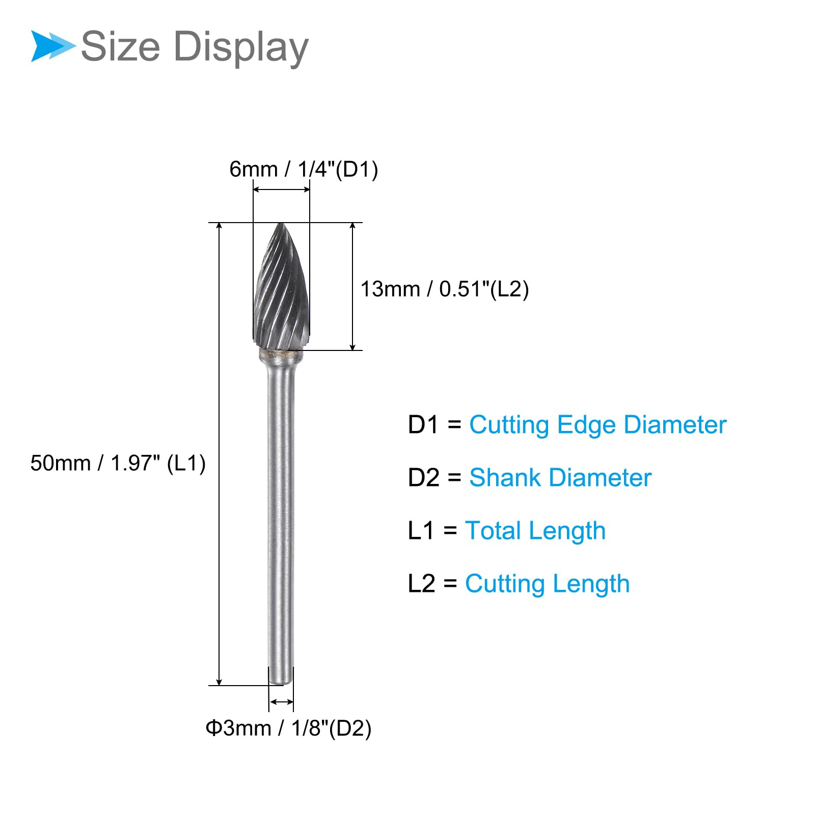 CoCud Tungsten Carbide Rotary Burrs File, 1/8" Shank 6mm Dia, Single Cut G-Shape Rotary Burrs Tool - Image 2