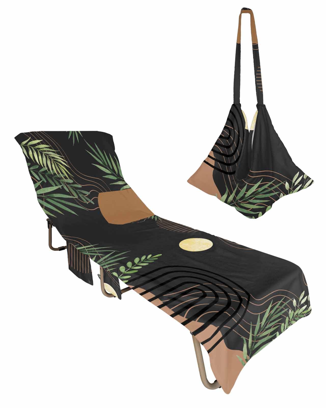 Boho Geometric Beach Chair Towel Covers for Chaise Lounge with Side Pocket, Soft Plush Pool Towels Cover for Patio Sunbathing Outdoor 29''x85'' Abstract Watercolor Eucalyptus Leaves