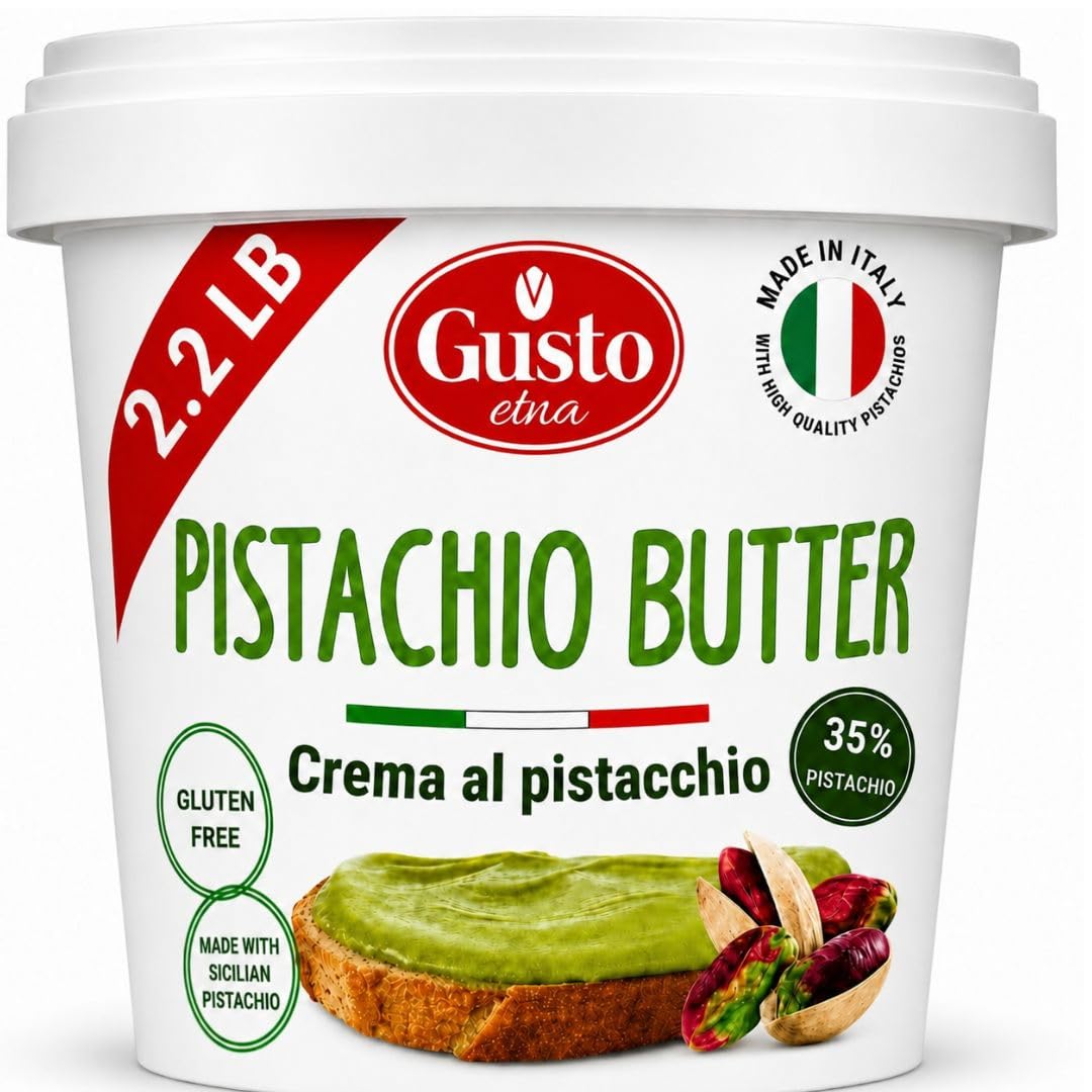 GUSTO ETNA Sicilian Pistachio Cream Spread, 35% Pistachios 2.2 lb (1kg) | Sweet, nutty buttery texture for knafeh dubai pistachio chocolate bars,