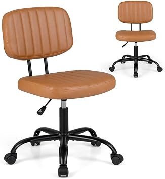 SFAREST Swivel Office Chair, Height Adjustable Mid-Back PU Leather Computer Chair with Wheels, Home Padded Ergonomic Executive Task Chair Brown, 53 x 53 x 75-86cm