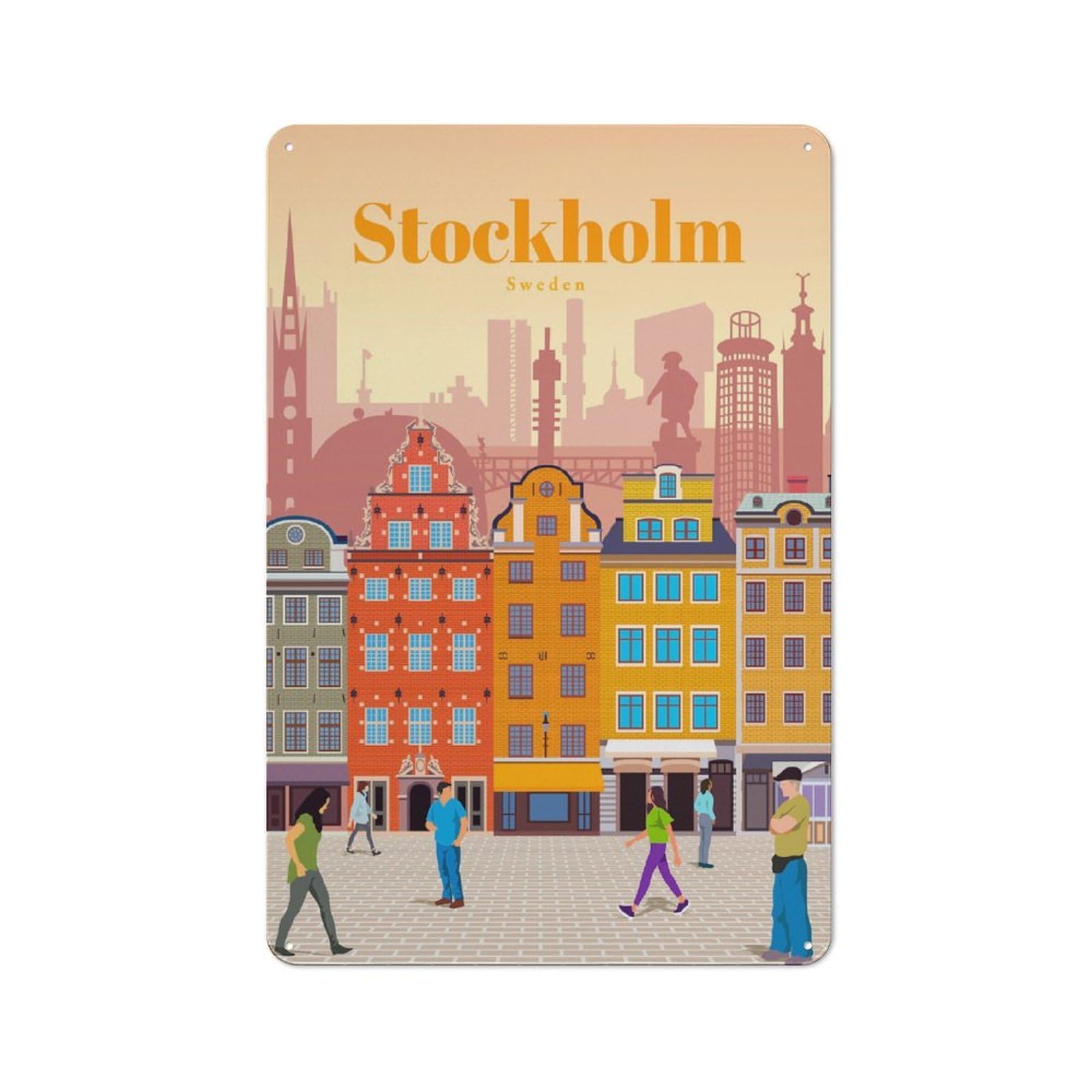 Junmoney Travel To Stockholm Vintage Metal Wall Decor 30X20cm, Garage Metal Sign For Workshop, Basement, Shed Or Games Room