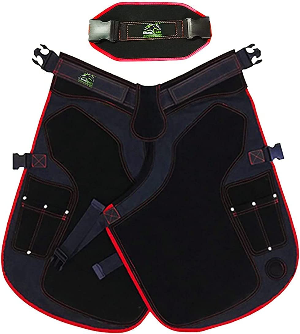 EQUESTRIAN STORE Delantal de herradura de 65 cm, de piel de herrador, delantal de piel auténtica de ante para herradores, para el cuidado de los cascos, delantal ajustable,, Marrón chocolate y negro,