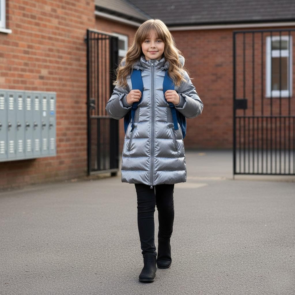 A2Z 4 Kids Dziewczęca błyszcząca srebrna kurtka puchowa, długi płaszcz zimowy z kapturem ze sztucznym futrem, ciepła podszewka polarowa, wodoodporna, stylowa konstrukcja z paskiem, do szkoły, parku