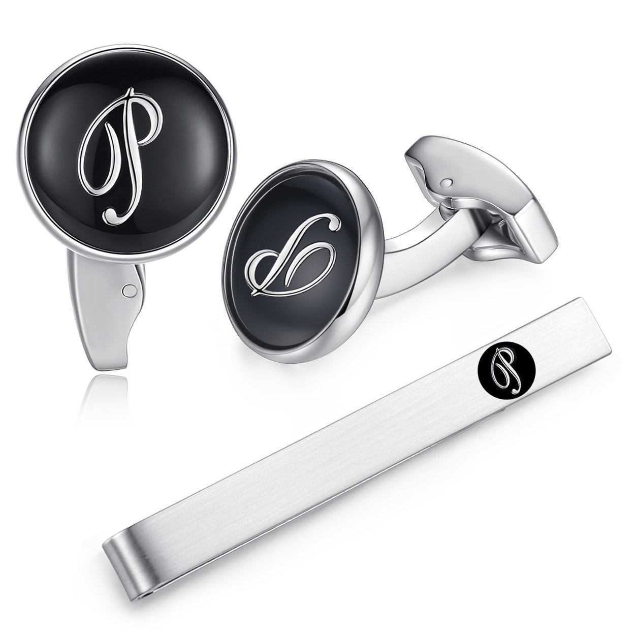 honey bear Initial Letter Alphabet Cufflinks & Tie Clips Set – Stainless Steel for Wedding Business Gift Men's Shirt Black-picture-16