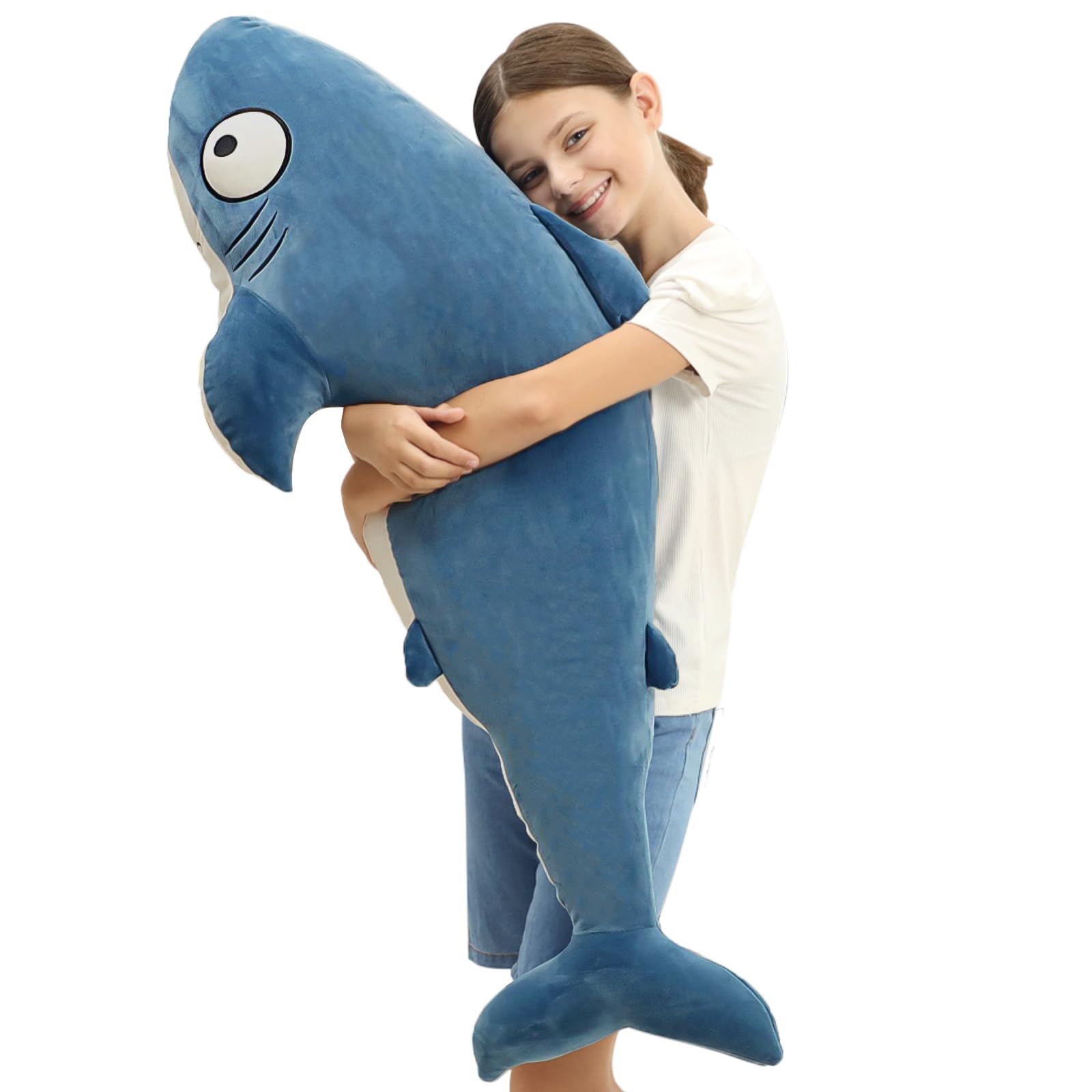 48” Blue Giant Sharks Plush, Large Whale Shark Stuffed Animals, Big Ocean Sea Fish Squishy Body Pillow Soft Plushies Toys, Gifts for Kids Girls Boys, Birthday, Halloween, Christmas