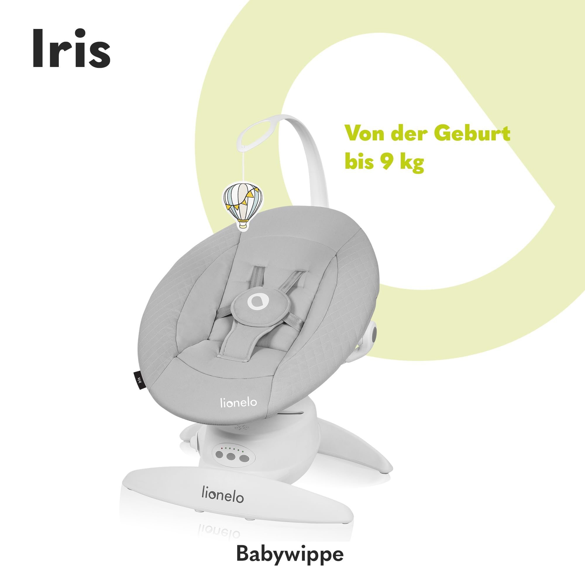 LIONELO Iris Elektrisch Babywippe 360o drehbar für Babys bis zu 9 kg | Verstellbare Rückenlehne, 5 Wiegegeschwindigkeiten Rutschfester Sicherheitsgurt, 12 Melodien Bügel mit Spielzeug Babypflege