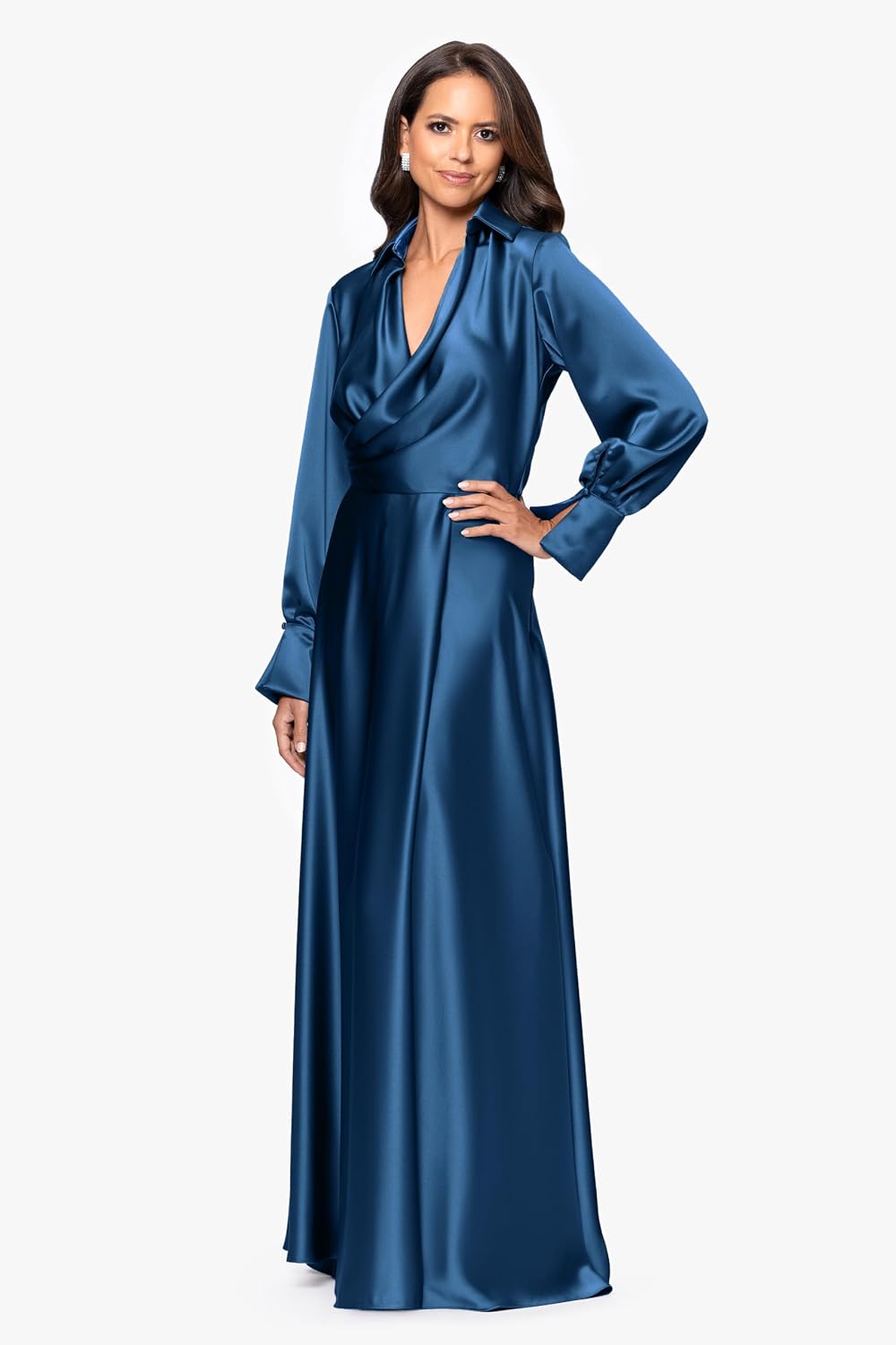 Xscape Women's Satin Long Sleeve Collared Neck Floor Length Dress
