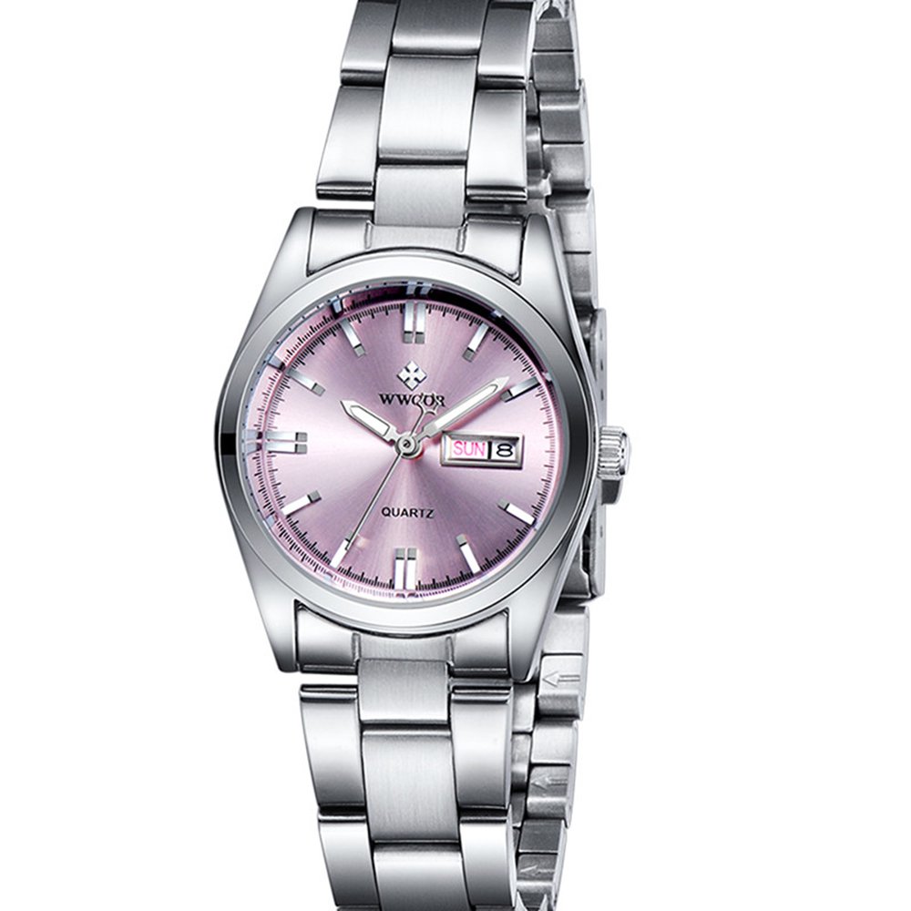 Women's Date Calendar Clock Ladies Fashion Casual Stainless Steel Quartz Waterproof Wrist Watch pink