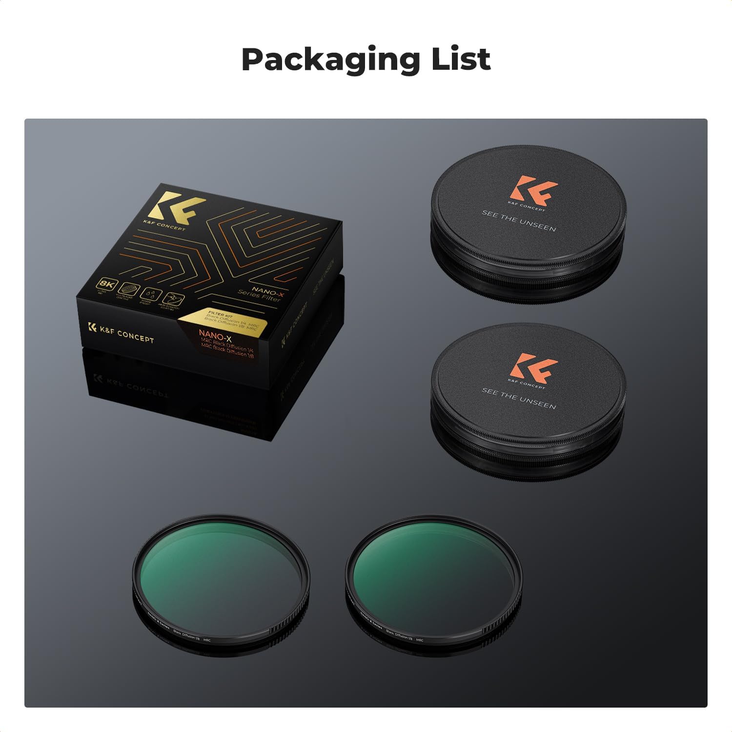 K&F CONCEPT 72mm Black Diffusion 1/4 & 1/8 Lens Filter Kit (2 Pcs), Mist Cinematic Effect Filter for Vlog/Video/Portrait Image with 28 Multi-Layer Coated