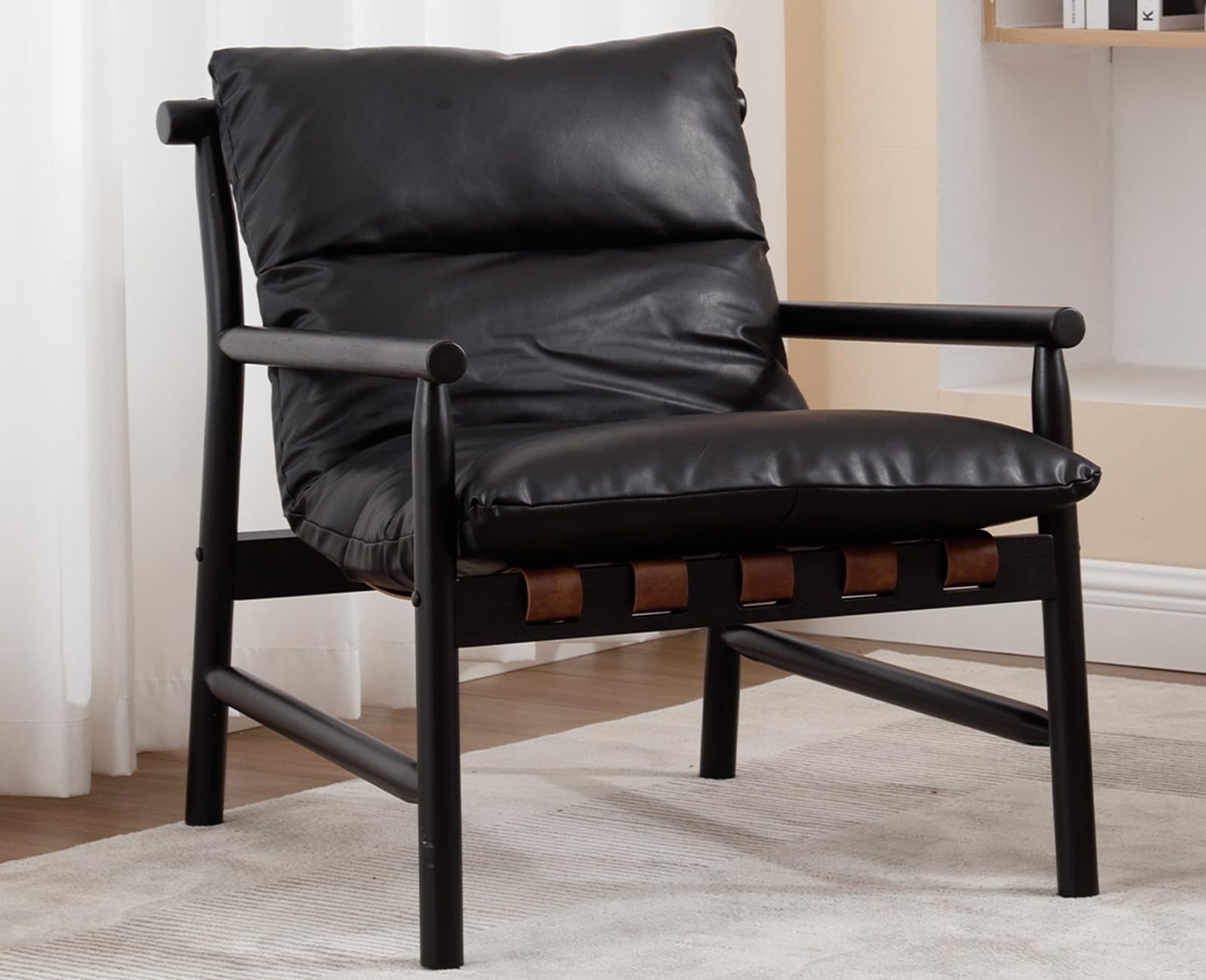 Kmax Modern Sling Accent Chair Upholstered PU Leather Living Room Chair Comfy Lounge Chair Solid Wood Frame Arm Chair for Bedroom, Reading Room, Black