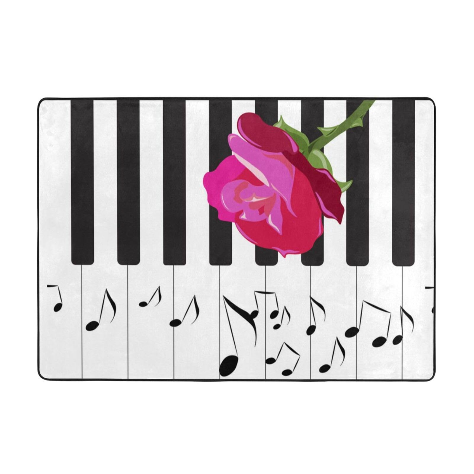 Musica astratta per pianoforte e fiori di rosa rossa, Tappeto grande antiscivolo per soggiorno e camera da letto, 208 x 148 cm.