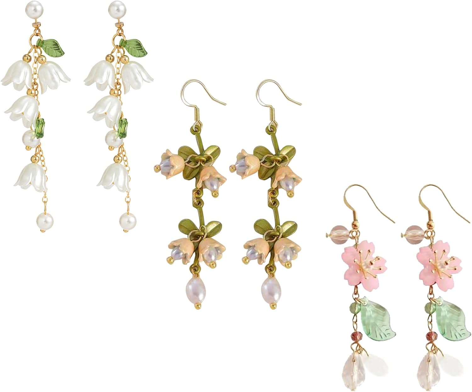 3 Pairs Long Flower Dangle Earrings for Women,Flower Tassel Earrings,Pearl Floral Drop Earrings,Cherry Blossom Bride Wedding Jewelry