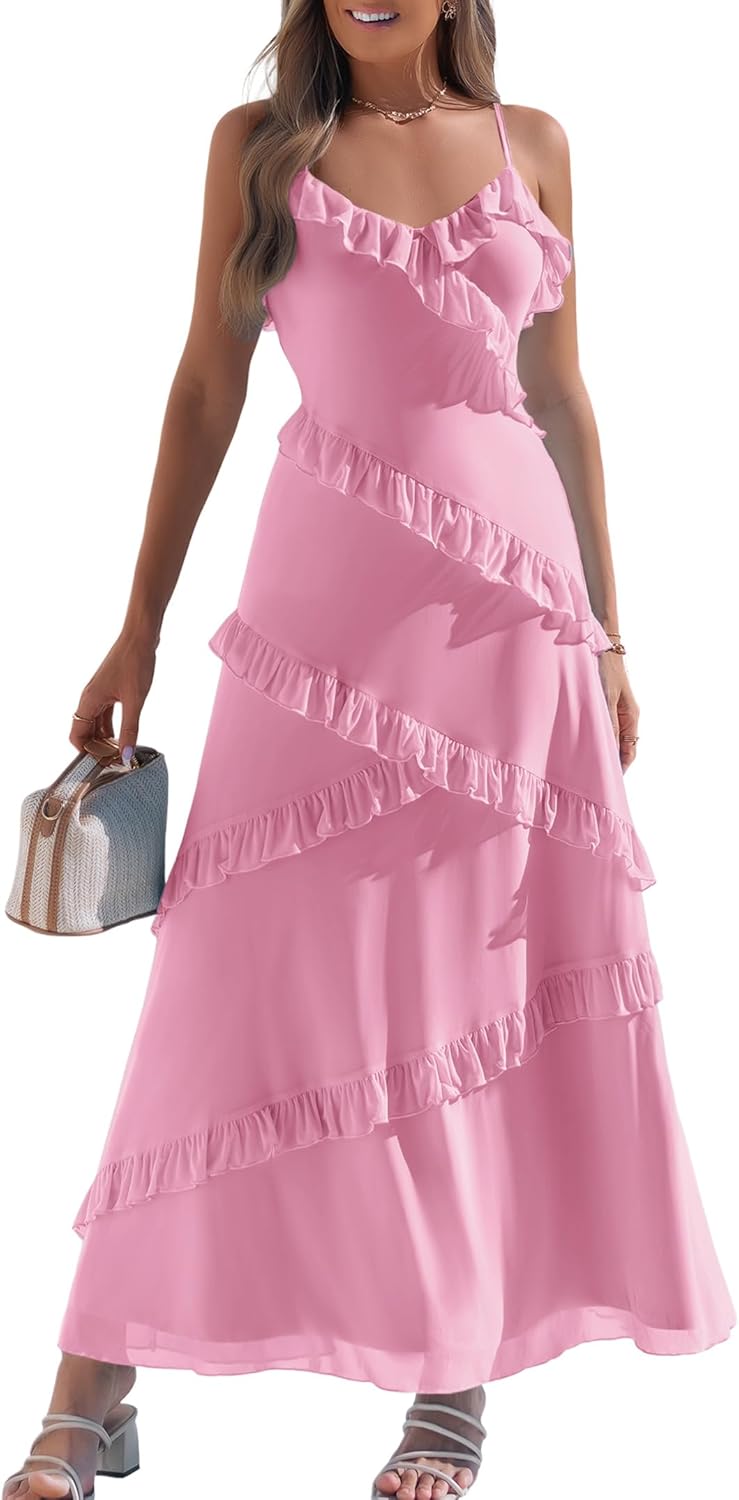 Women's Ruffle Tiered Wedding Guest Dresses Cami Mesh Maxi Dress Gown Cocktail Party Club Casual Summer Sundresses