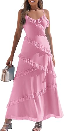 Women Spaghetti Strap Dress Flowy Summer Boho Maxi Dress Sleeveless Beach Vacation Long Dresses Sundress with Pockets