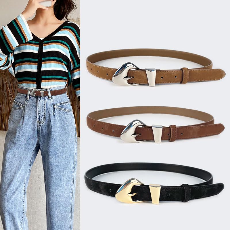 Women's Leather Suede Belts for Jeans Dress Pants Black Brown Belts for Women Ladies Waist Belts with Big Gold Buckle2