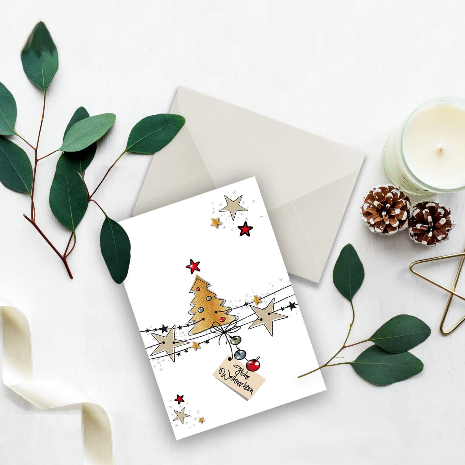 Set de 100 tarjetas de Navidad XL DIN A5 con diseño de árbol de Navidad y estrellas – Tarjetas plegables con sobres a juego DIN C5 blanco natural con adhesivo húmedo – saludos de Navidad para