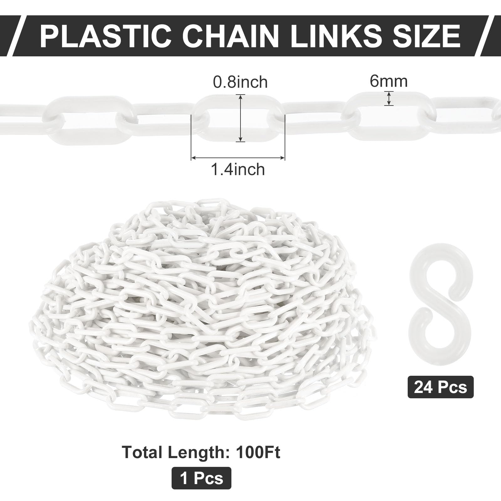PATIKIL Catene di Plastica, 100 Piedi di Catene di Sicurezza, Bianche, Altezza 0,24"/6mm, con 24 Ganci di Plastica Bianchi per Barriere