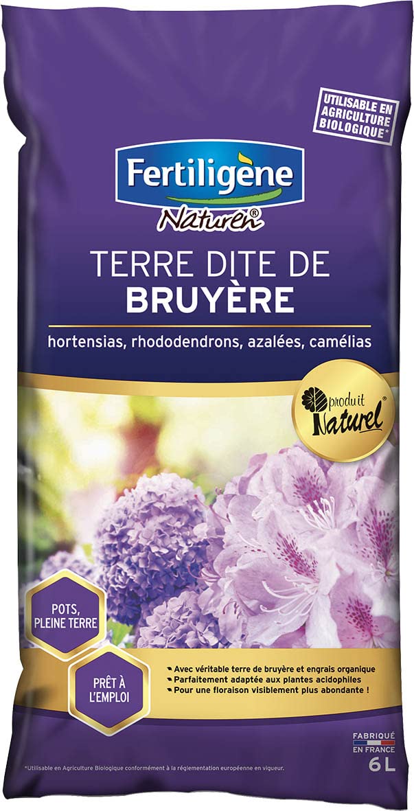 FERTILIGENE NATUREN FBRU6P -​Terre Dite de Bruyère, Hortensias, Azalées UAB 6 L -​Adaptée aux Plantes acidophiles -​Terre de bruyère avec Engrais Organique -​Floraison Plus abondante - Fabriqué en France