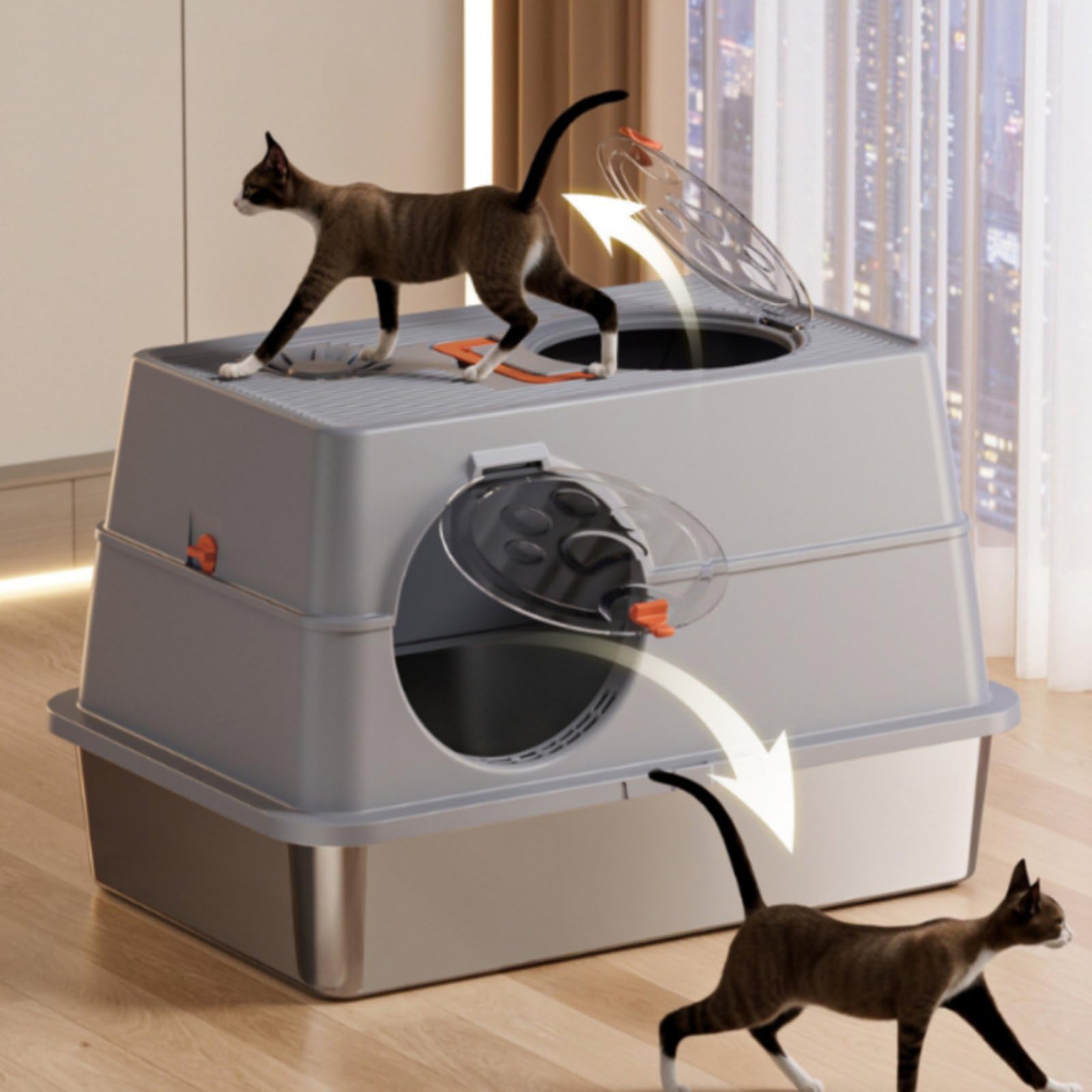 Caja de Arena para Gatos Contenedor de Arena Bandeja Arenero Acero Inoxidable con Tapa Envolvente y Compartimento Antiolor Superficie Suave Que No, Negro