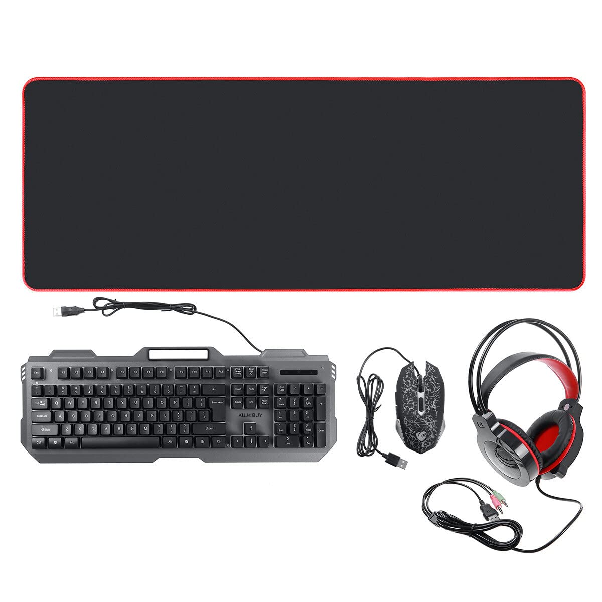 Gaming Keyboard Mouse Headset & Mouse Pad, 4-in-1 Gaming Kit, Over-Ear Headset, Waterproof Keyboard, High Sensitivity Mouse with Large Mouse Pad Combo Set (Black)
